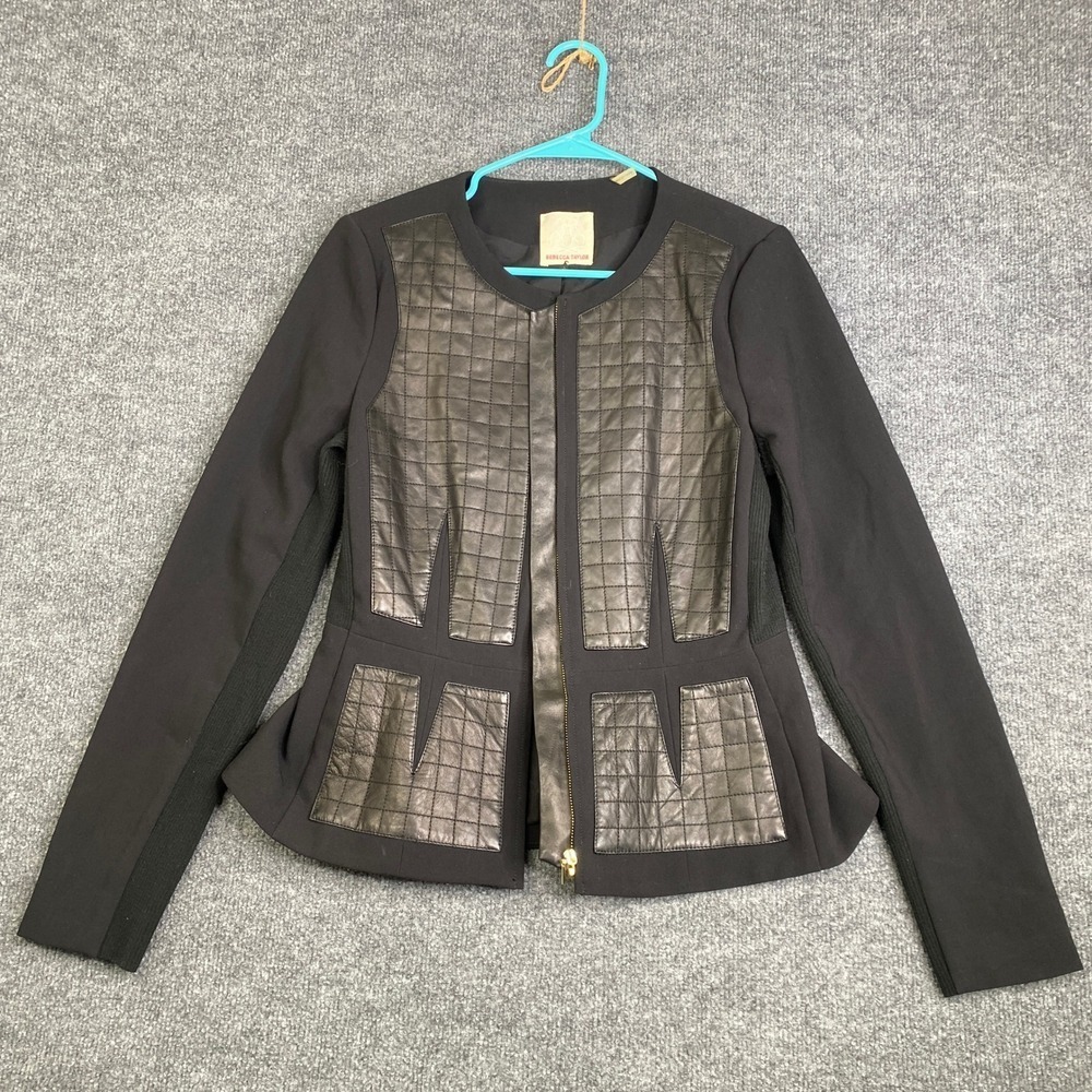 Rebecca Taylor Black Quilted Lamb Leather Mixed Media Peplum Jacket Size 8